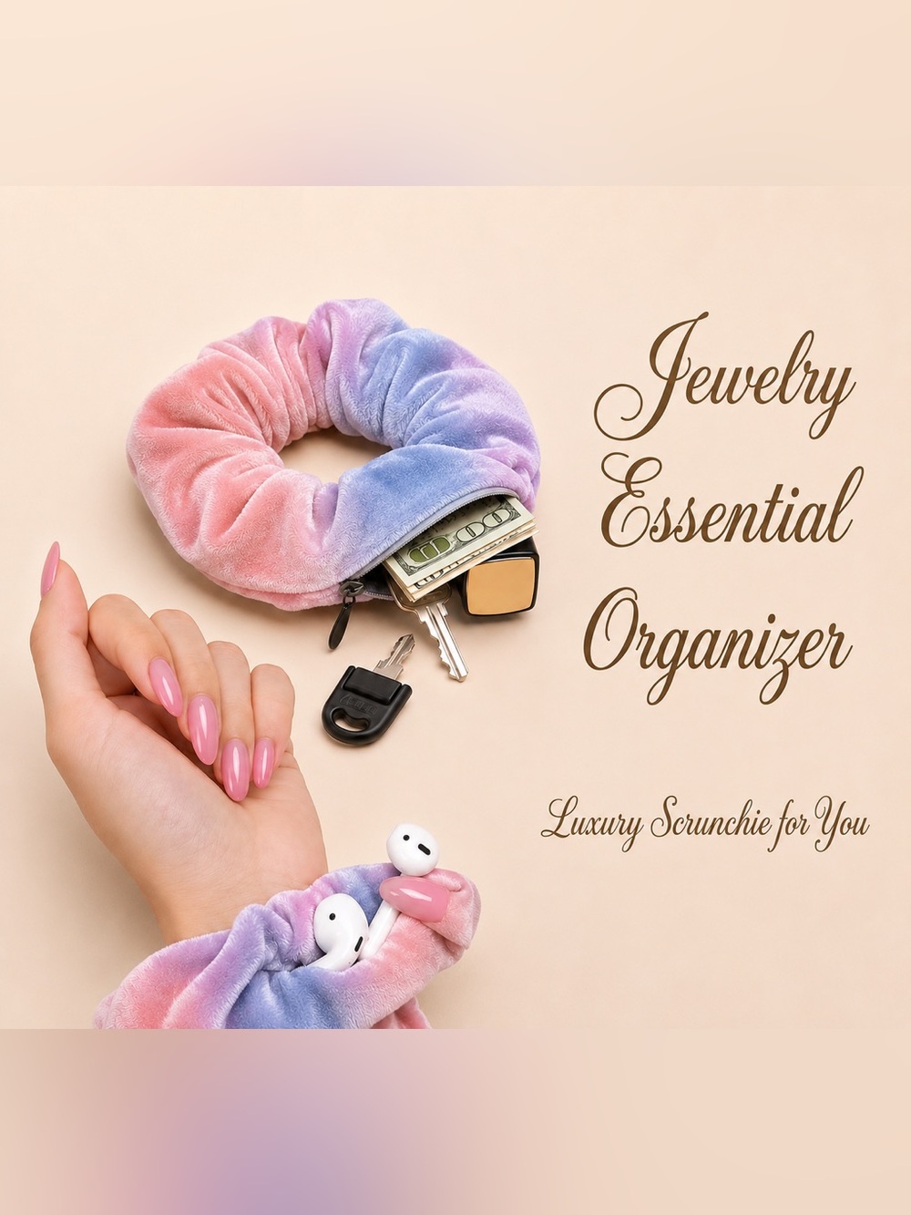 Scrunchie with Zipper Pocket, Velvet
 Wrist Pouch & Hairband - Multi-Color